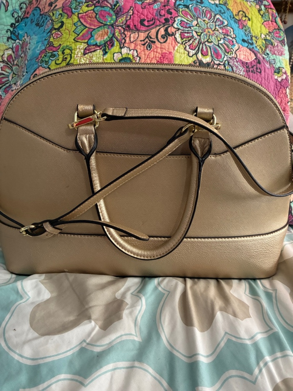 Anne Klein Metallic Taupe Dome Satchel with Removable Strap